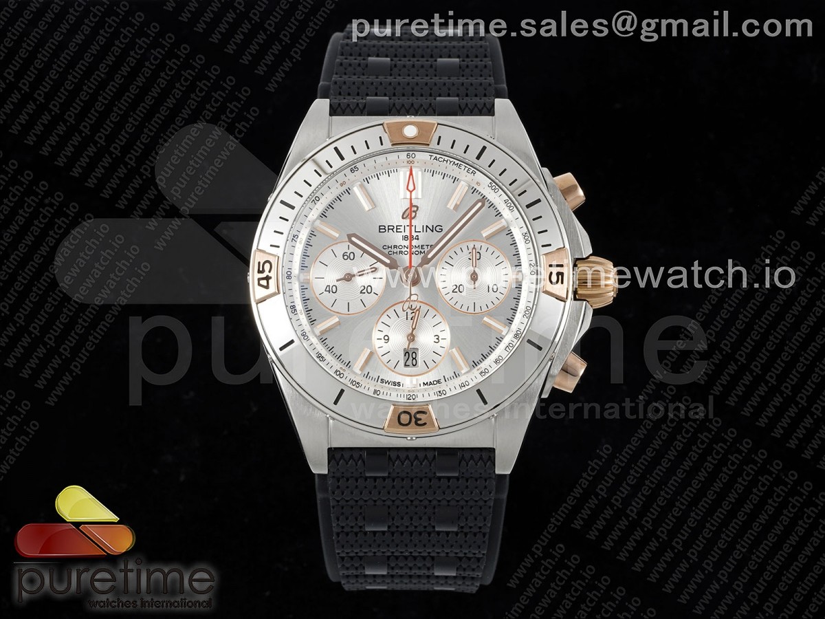 [TF] Breitling Chronomat B01 42mm SS/RG Silver Dial on Black Rubber Strap A7750