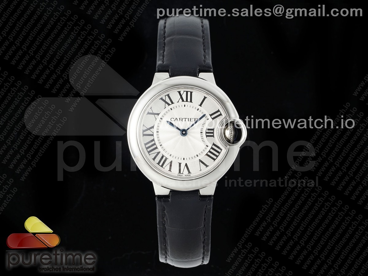 [AF] Cartier Ballon Bleu 33mm SS White Textured Dial on Black Leather Strap Ronda Quartz