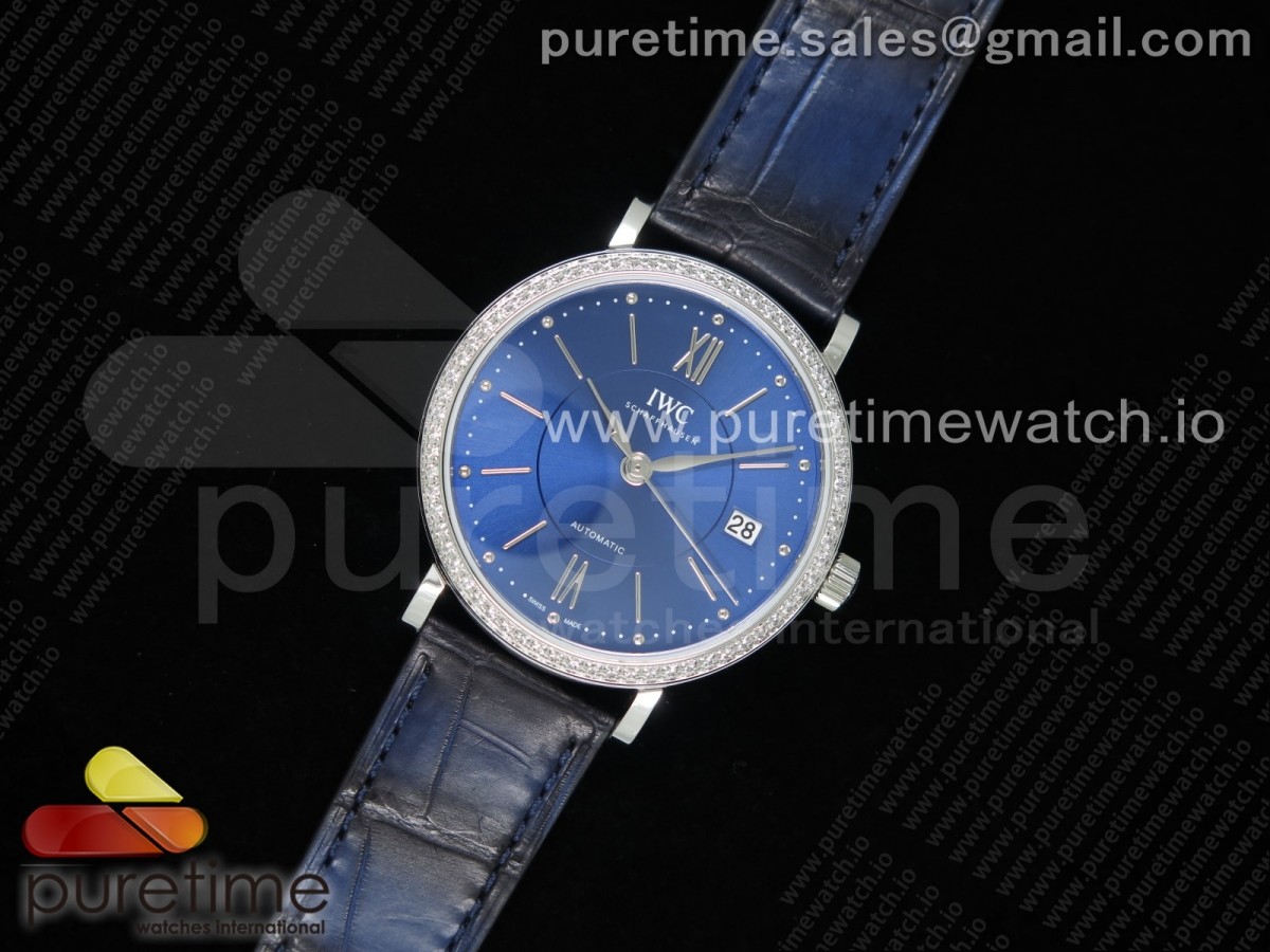 [M+F] IWC Portofino Automatic 37 SS Blue Dial Diamonds Bezel on Blue Crocodile Strap A35111