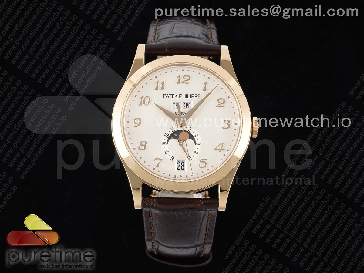 [ZF] Patek Philippe Annual Calendar Moonphase 5396 RG White Arabic Dial on Brown Leather Strap A324