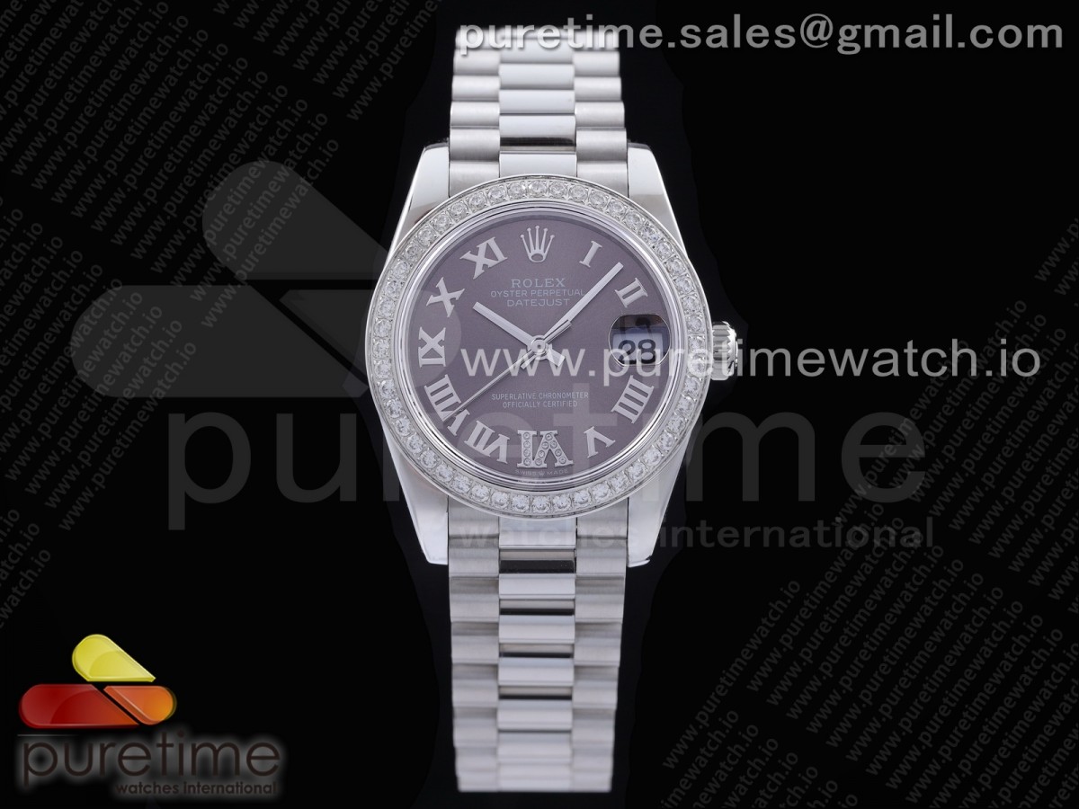 [GMF] Rolex DateJust 31 Ladies 278289 316L Steel Diamonds Bezel Gray Dial Roman Markers on President Syle Bracelet