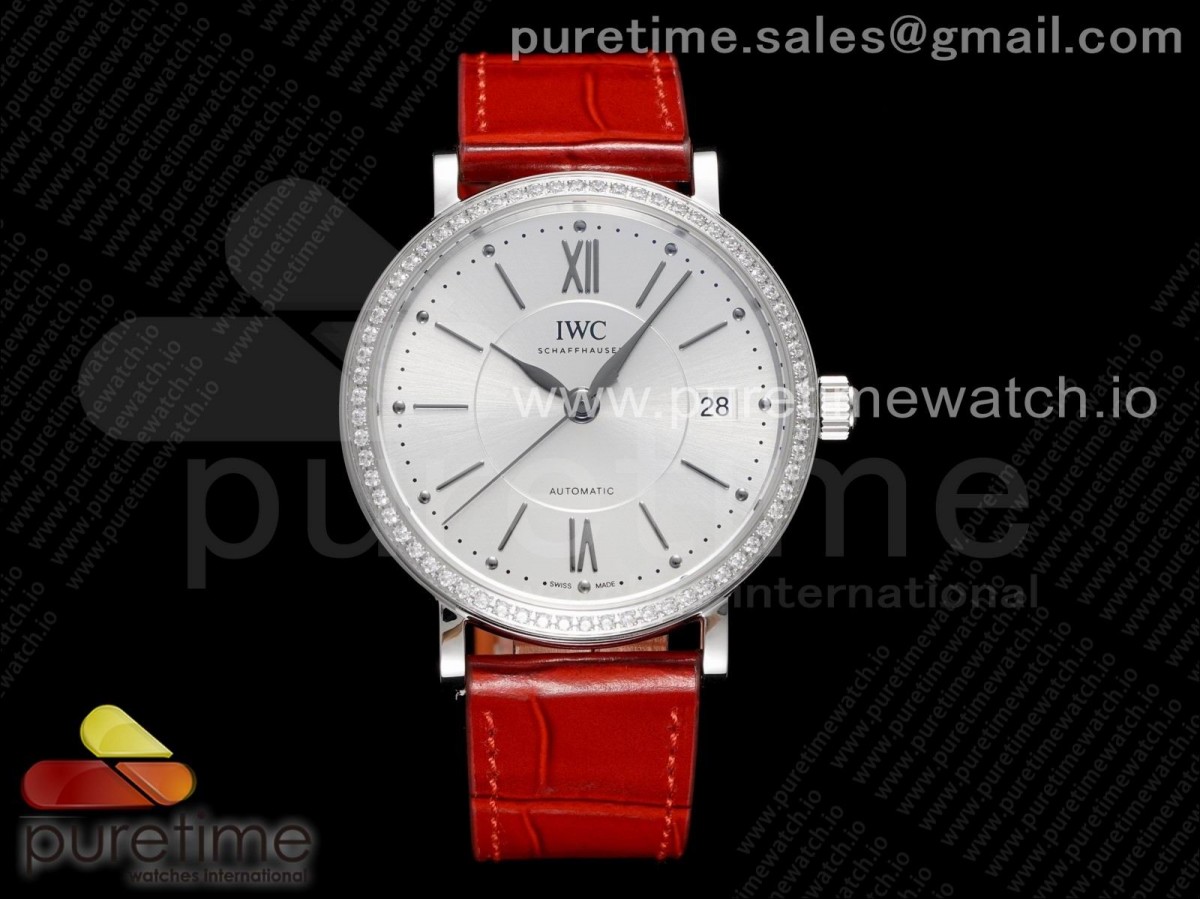 [V7F] IWC Portofino 37mm SS White Dial Diamonds Bezel on Red Leather Strap A2892