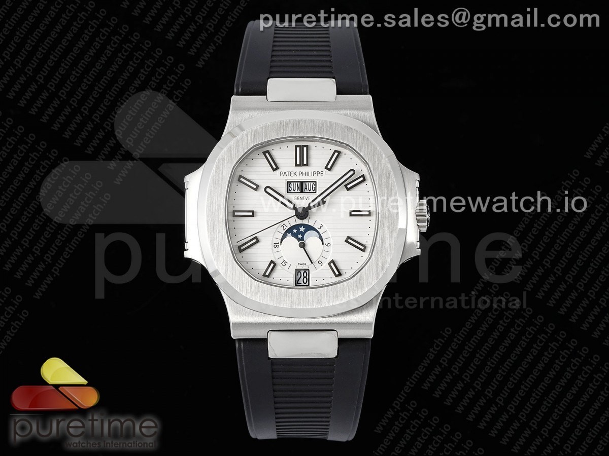 [PPF] Patek Philippe Nautilus 5726 Complicated SS White Textured Dial on Black Rubber Strap A324