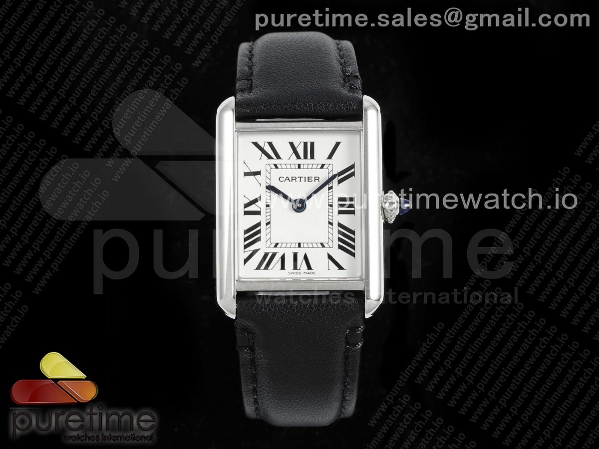 [AF] Cartier Tank Must 25.5mm SS White Dial on Black Leather Strap Ronda Quartz