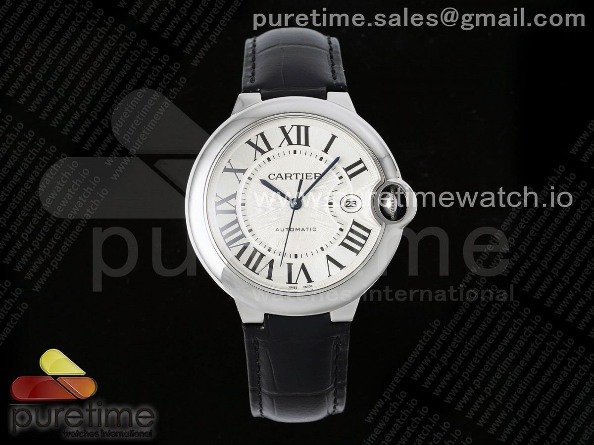 [AF] Cartier Ballon Bleu 42mm SS White Texture Dial on Black Leather Strap A2824 V5