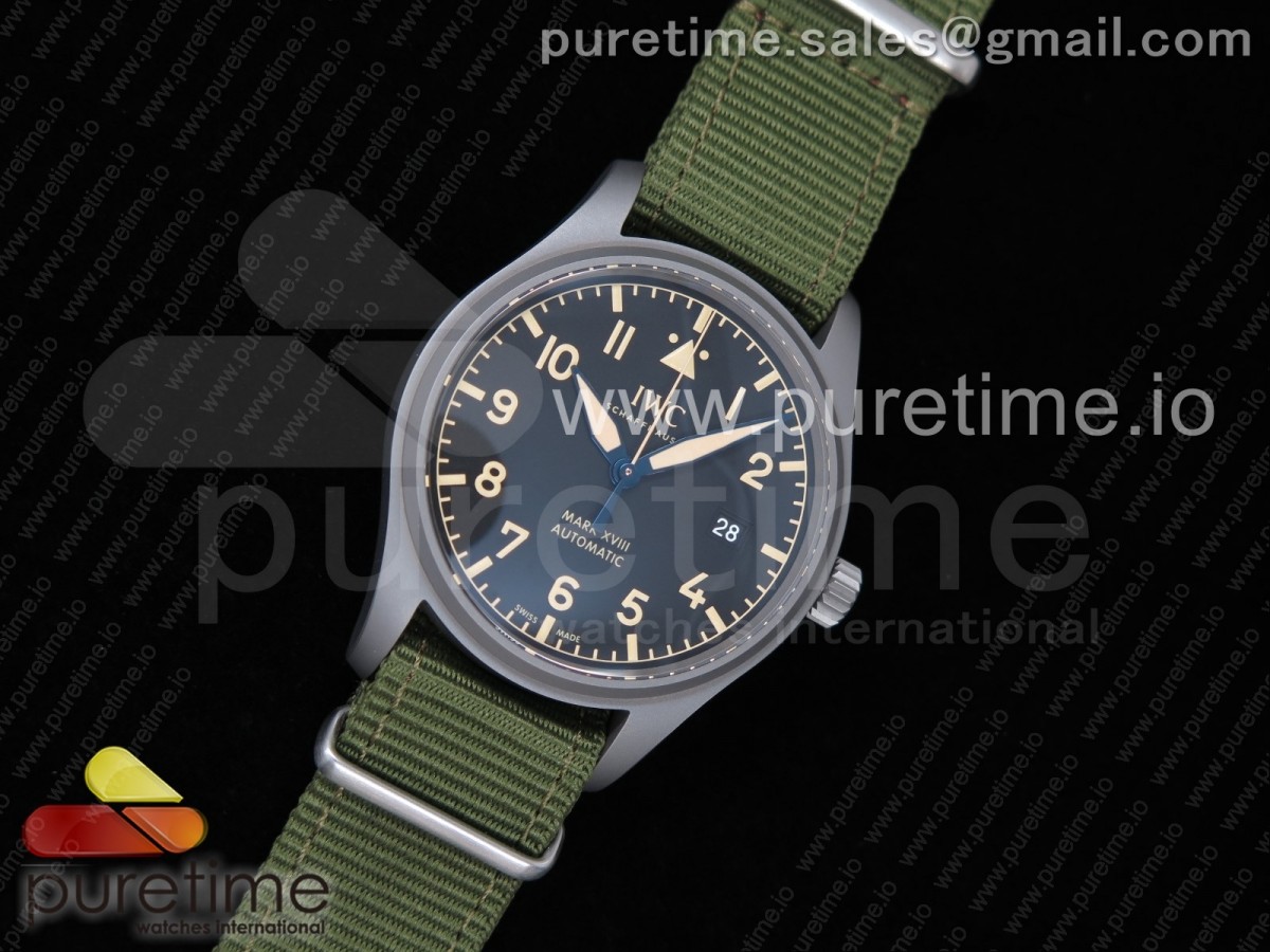 [M+F] IWC Mark XVIII IW327006 Titanium Grand Black Dial on Green Nylon Strap A35111 (Free Leather Strap)