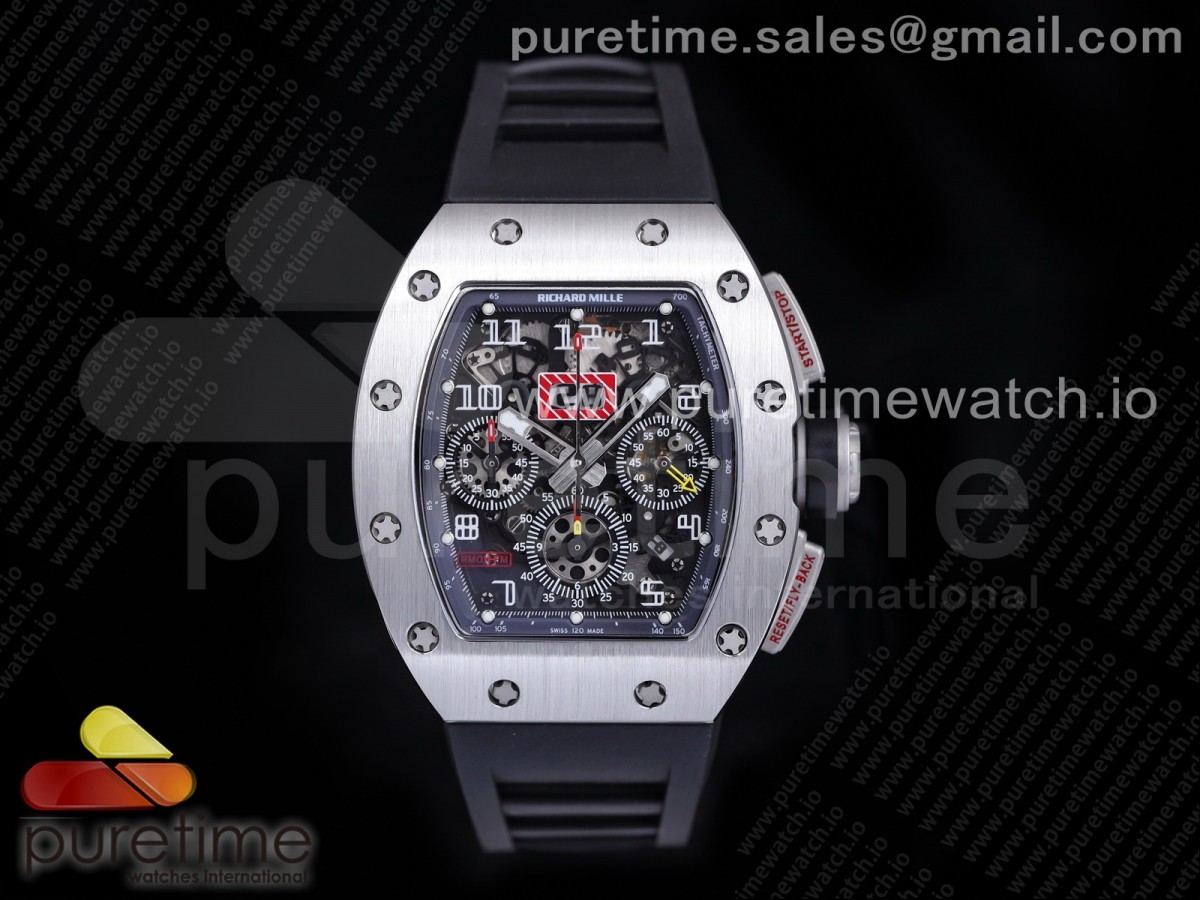 [KVF] Richard Mille RM011 SS Chrono Crystal Dial Black on Black Rubber Strap A7750 V3