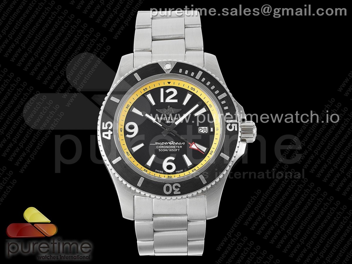 [TF] Breitling Superocean Automatic 44 Black Dial Black/Yellow Bezel on SS Bracelet A2824