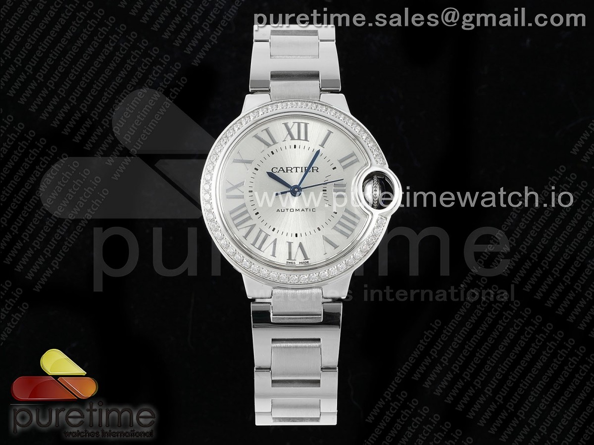 [AF] Cartier Ballon Bleu 33mm Silver Dial Diamonds Bezel on SS Bracelet Ronda Quartz