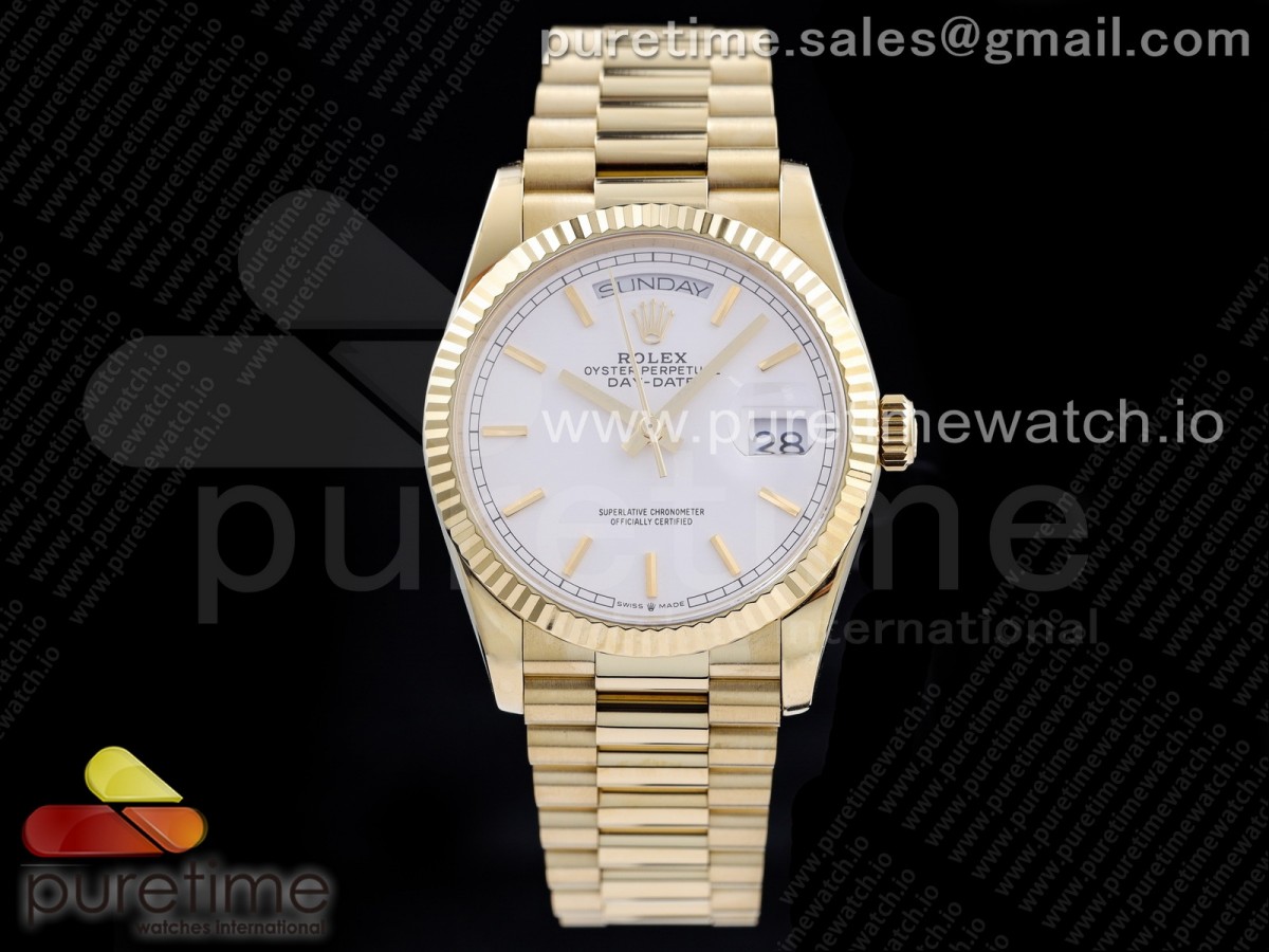 [GMF] Rolex Day-Date 36 YG 128238 White Dial Stick Markers on President Bracelet A2836