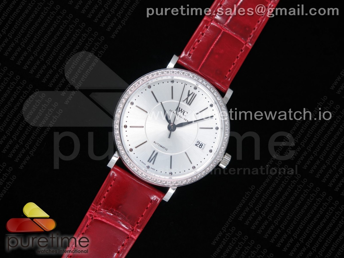 [M+F] IWC Portofino Automatic 37 SS Silver Dial Diamonds Bezel on Red Crocodile Strap A35111