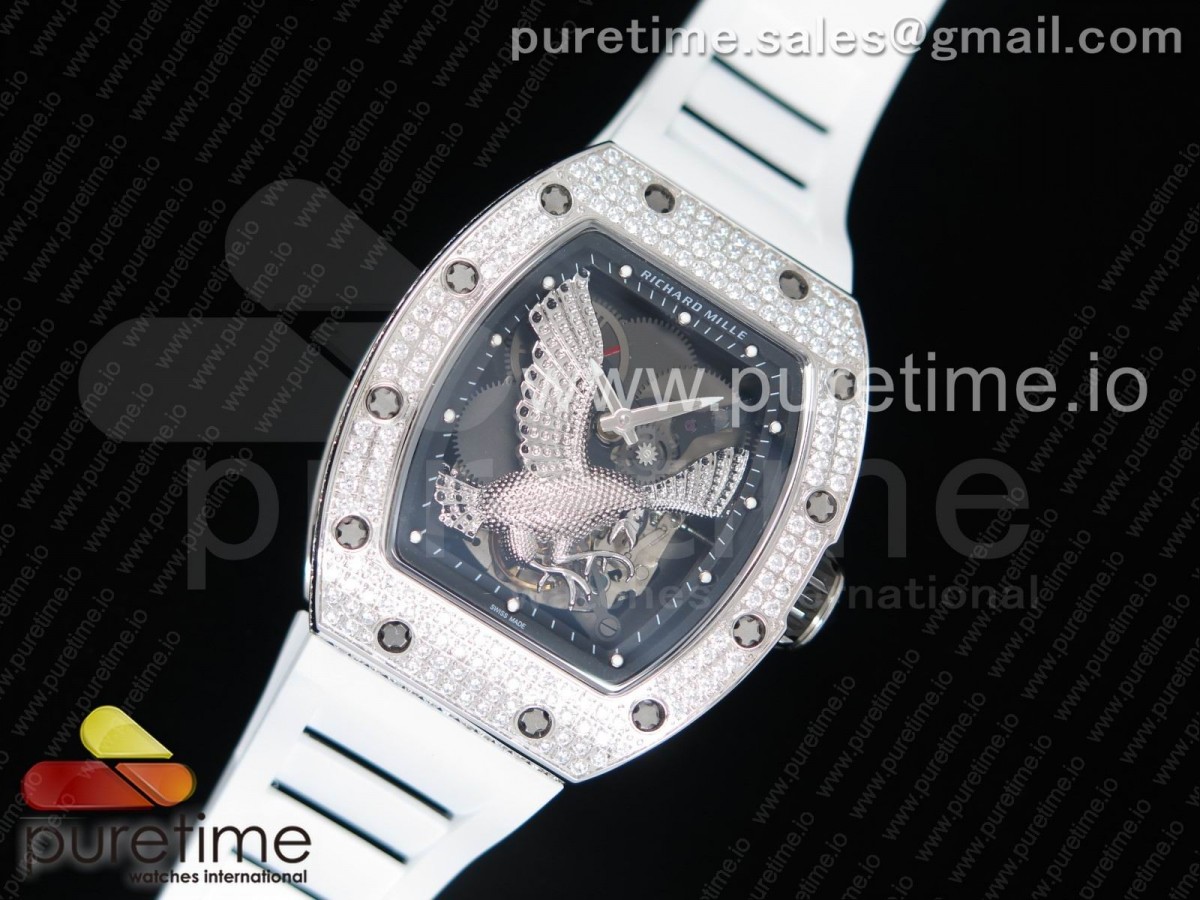 [KVF] Richard Mille RM 51-01 SS Eagle Diamonds Bezel on White Rubber Strap MIYOTA8215