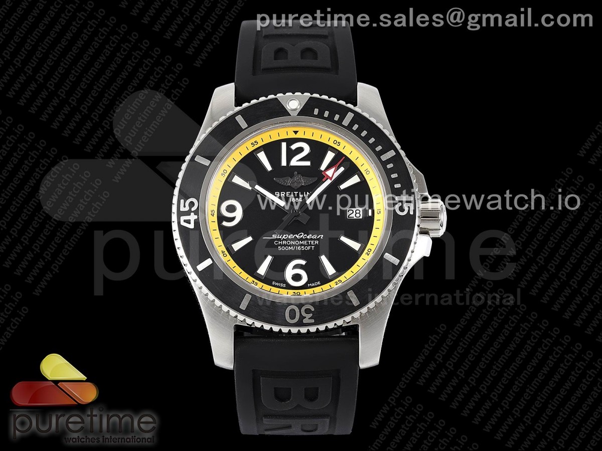 [TF] Breitling Superocean Automatic 44 Black Dial Black/Yellow Bezel on Black Rubber Strap A2824