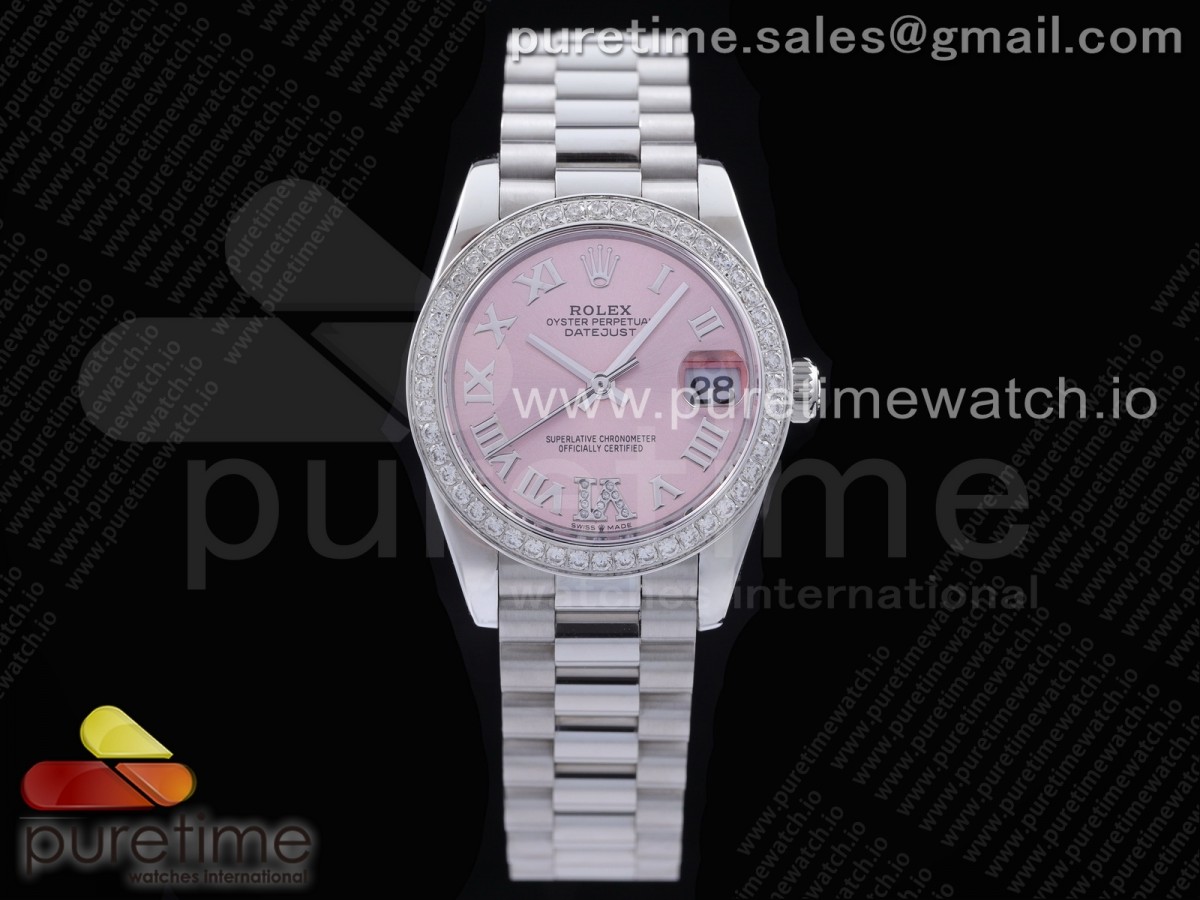 [GMF] Rolex DateJust 31 Ladies 278289 316L Steel Diamonds Bezel Pink Dial Roman Markers on President Syle Bracelet