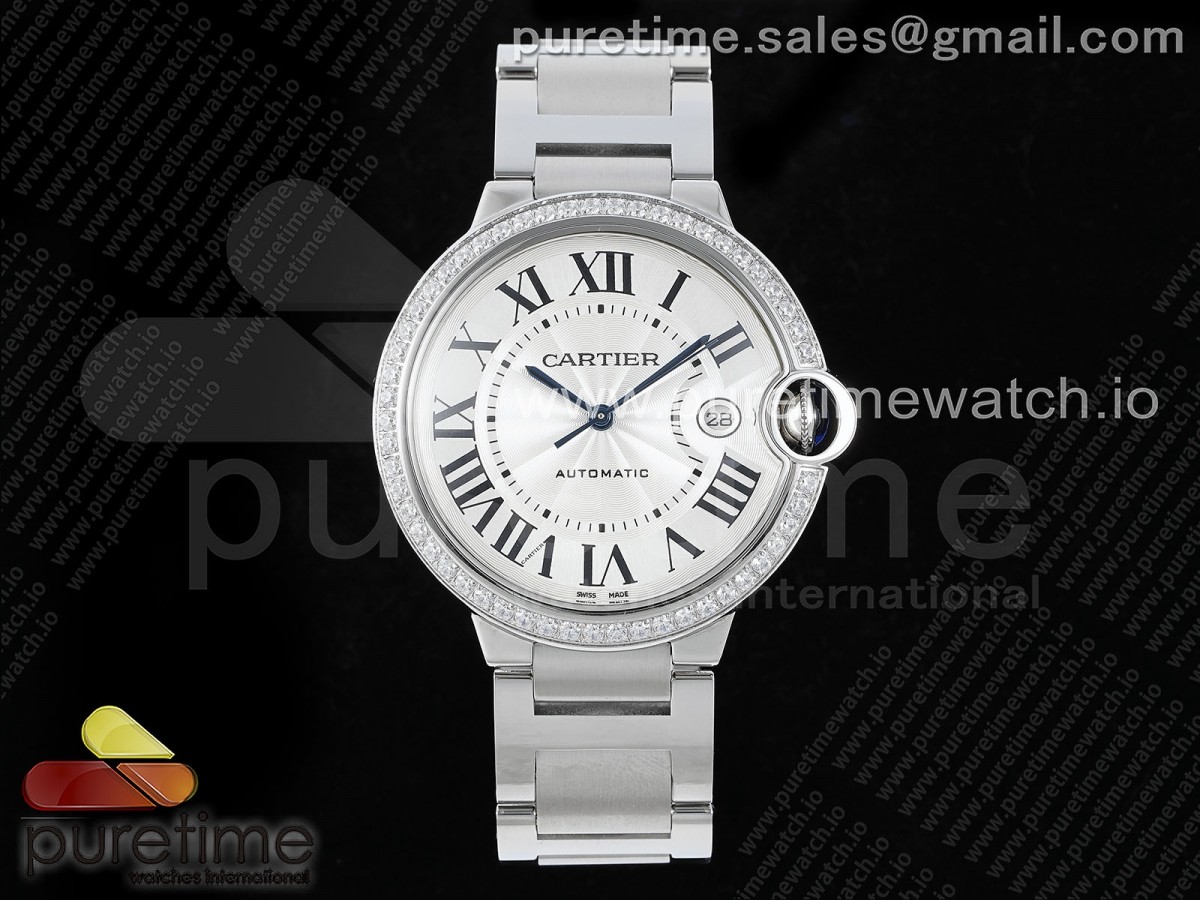 [CHF] Cartier Ballon Bleu 42mm SS White Texture Dial 1Line Diamonds Bezel on SS Bracelet A2824