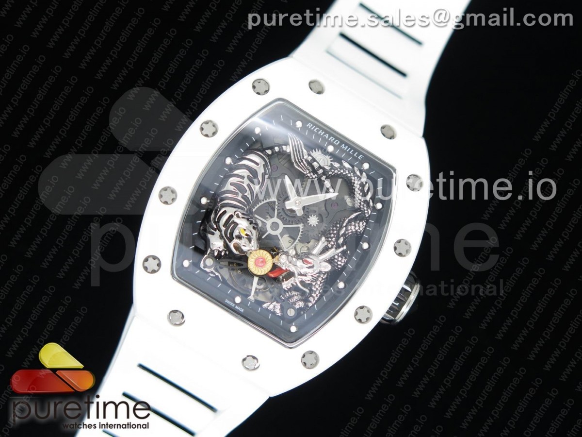 [KVF] Richard Mille RM 51-01 White Ceramic Tiger & Dragon on White Rubber Strap MIYOTA8215