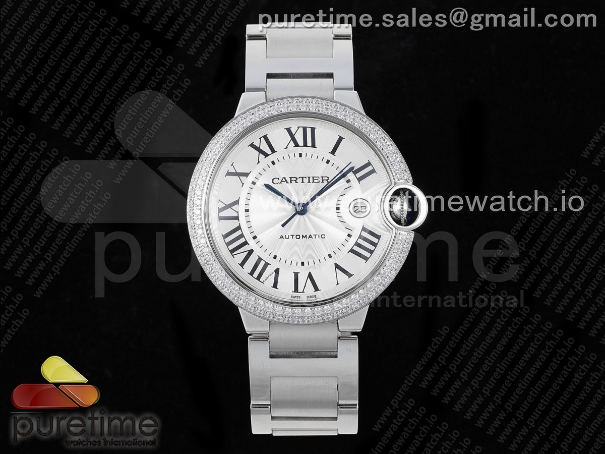 [CHF] Cartier Ballon Bleu 42mm SS White Texture Dial 2Line Diamonds Bezel on SS Bracelet A2824