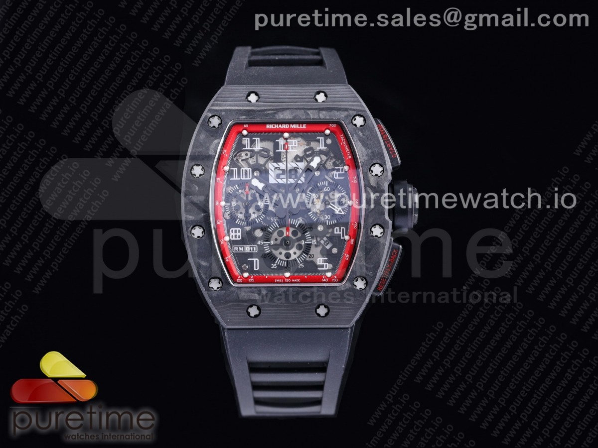 [KVF] Richard Mille RM011 NTPT Chrono PVD Case Crystal Dial Red on Black Rubber Strap A7750 V2