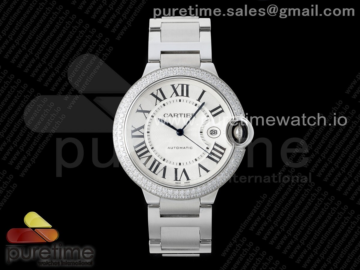 [AF] Cartier Ballon Bleu 42mm SS White Texture Dial Diamonds Bezel on SS Bracelet A2824 V5