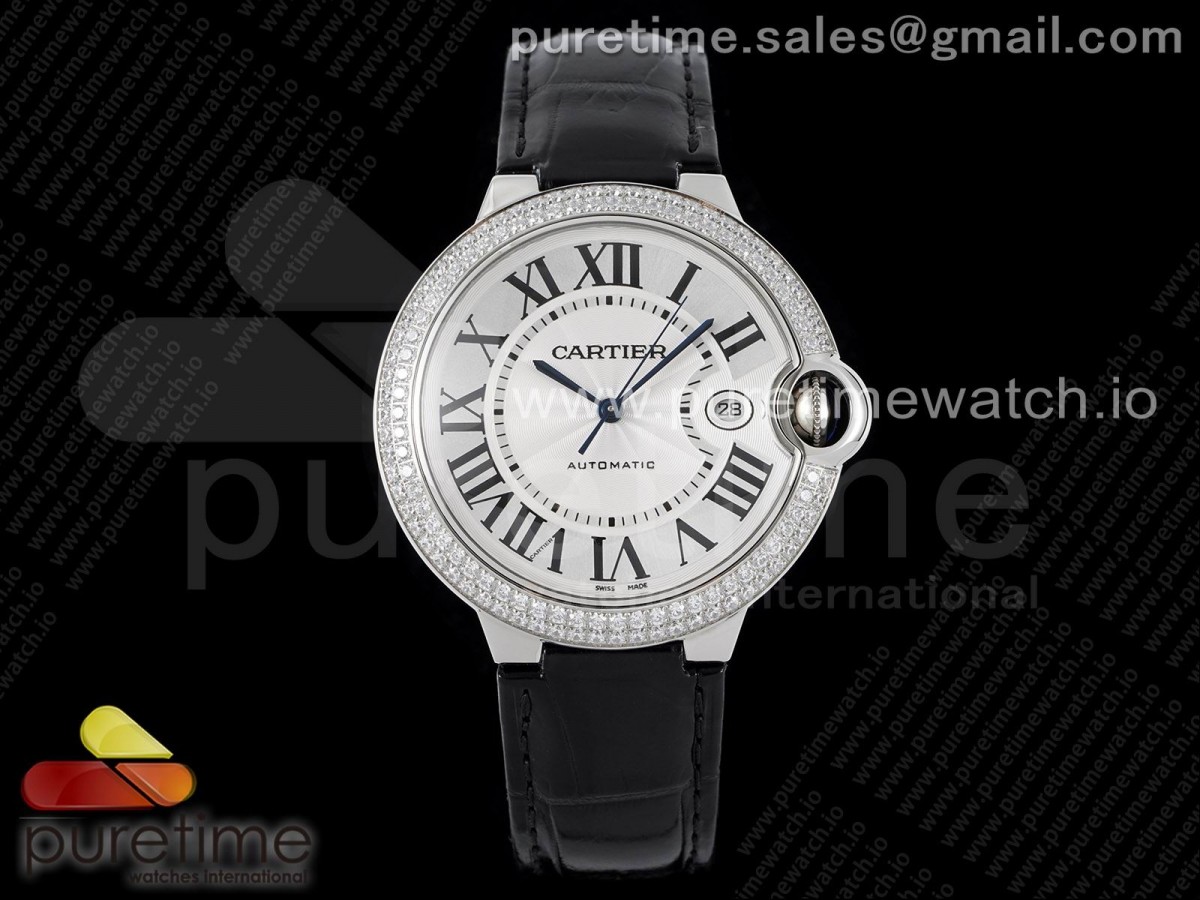 [AF] Cartier Ballon Bleu 42mm SS White Textured Dial Diamonds Bezel on Black Leather Strap A2824