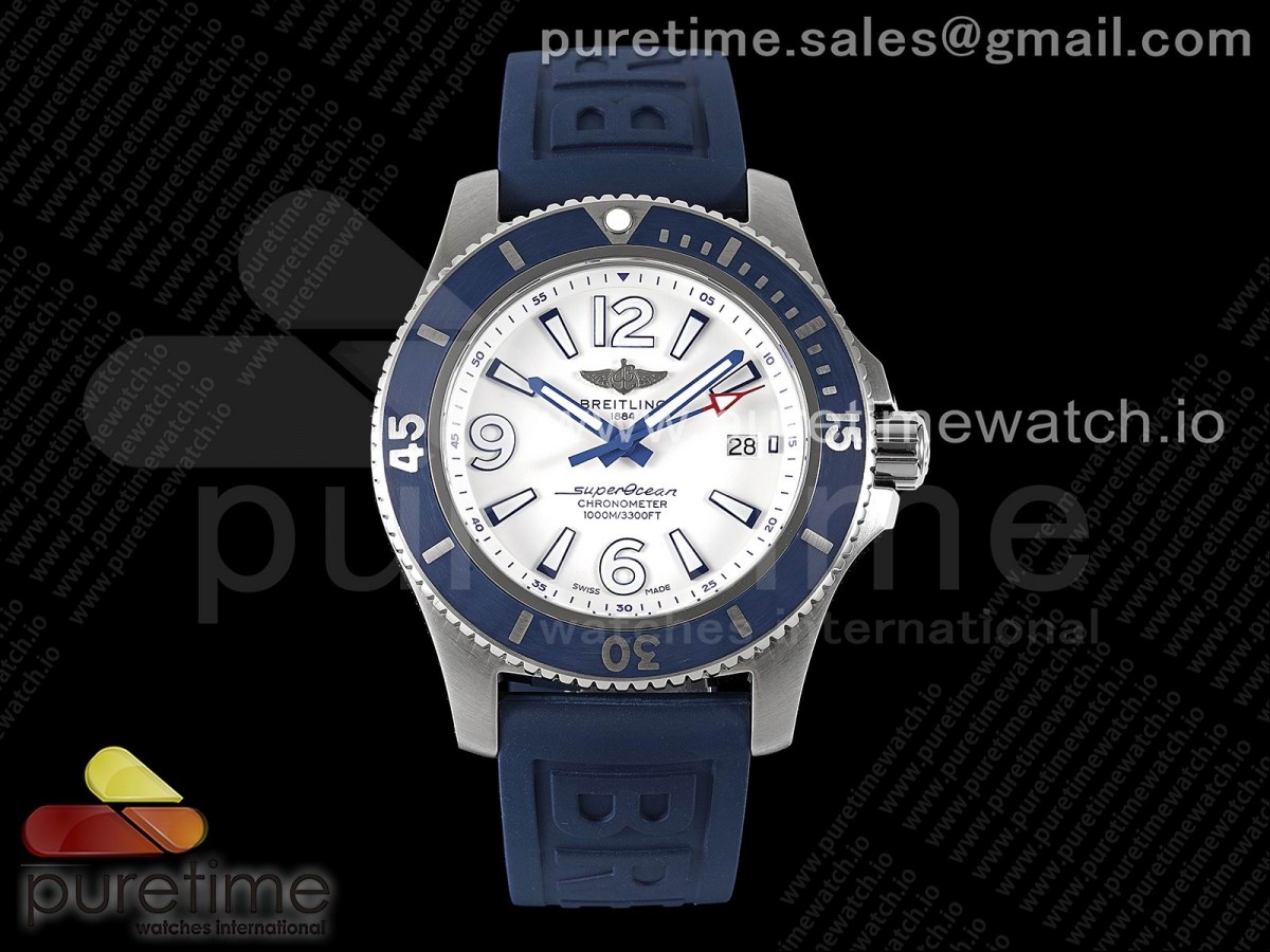 [TF] Breitling Superocean Automatic 44 White Dial Blue Bezel on Blue Rubber Strap A2824