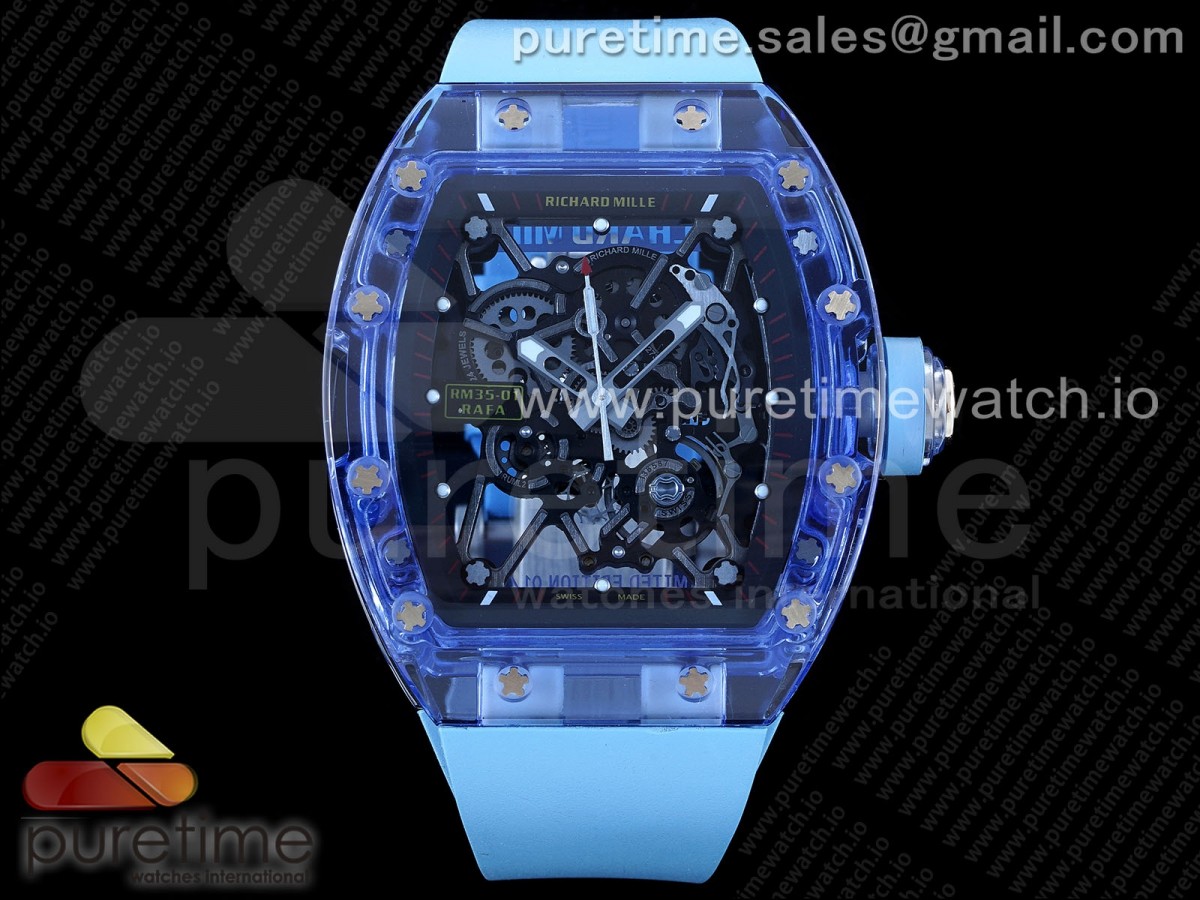 [RMF] Richard Mille RM035 Blue Transparent Skeleton Dial on Blue Rubber Strap Clone RMUL2