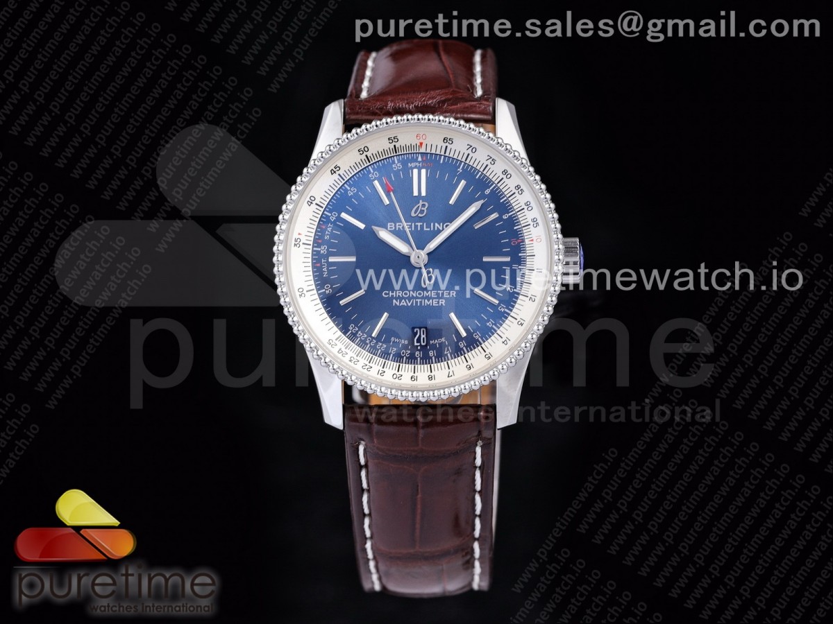 [TF] Breitling Navitimer 1 SS 38mm White Bezel Blue Dial on Brown Croco Strap A2824