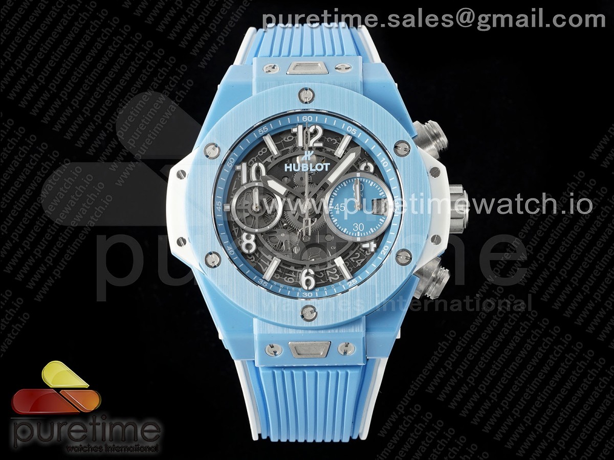 [BBF] Hublot Big Bang Unico Sky Blue Ceramic Skeleton Dial on Blue/White Rubber Strap A1280