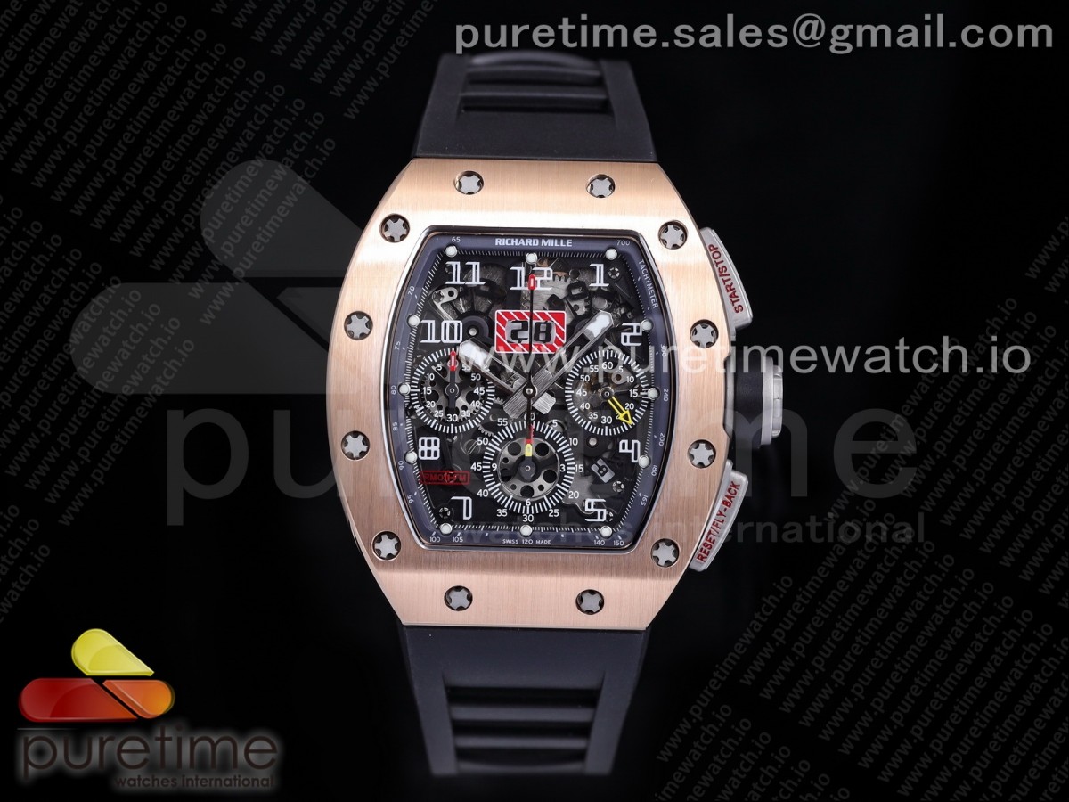 [KVF] Richard Mille RM011 RG Chrono Crystal Dial Black on Black Rubber Strap A7750 V3