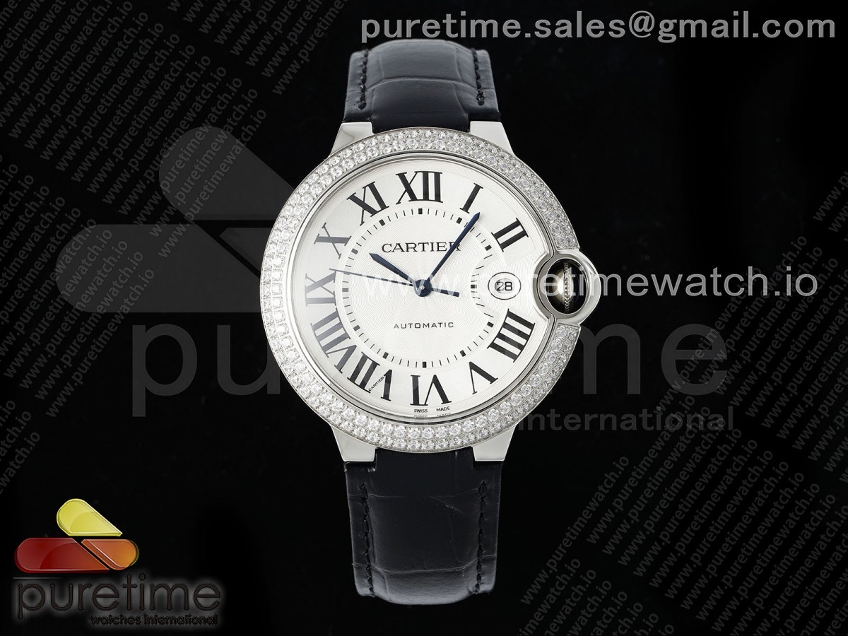 [AF] Cartier Ballon Bleu 42mm SS White Texture Dial Diamonds Bezel on Black Leather Strap A2824 V5