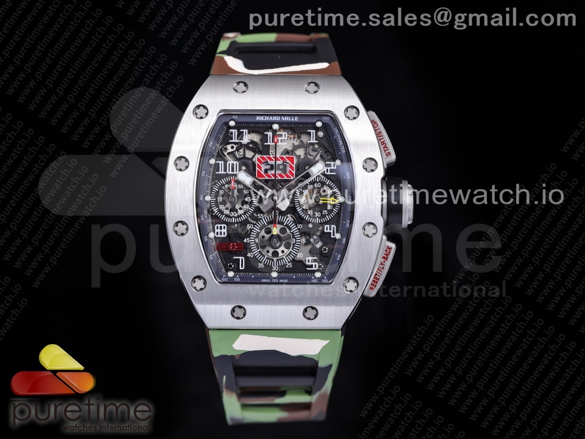 [KVF] Richard Mille RM011 SS Chrono Crystal Dial Black on Green Camo Rubber Strap A7750 V3