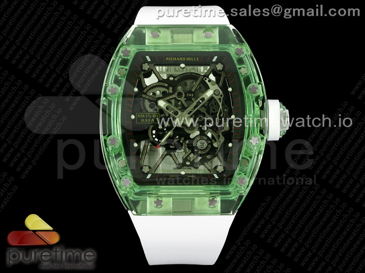 [RMF] Richard Mille RM035 Green Transparent Skeleton Dial on White Rubber Strap Clone RMUL2