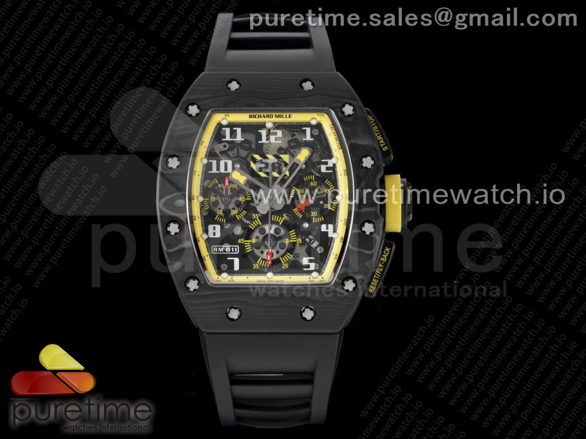 [KVF] Richard Mille RM011 NTPT Carbon Chrono Crystal Skeleton Dial Yellow Inner Bezel on Black Rubber Strap A7750