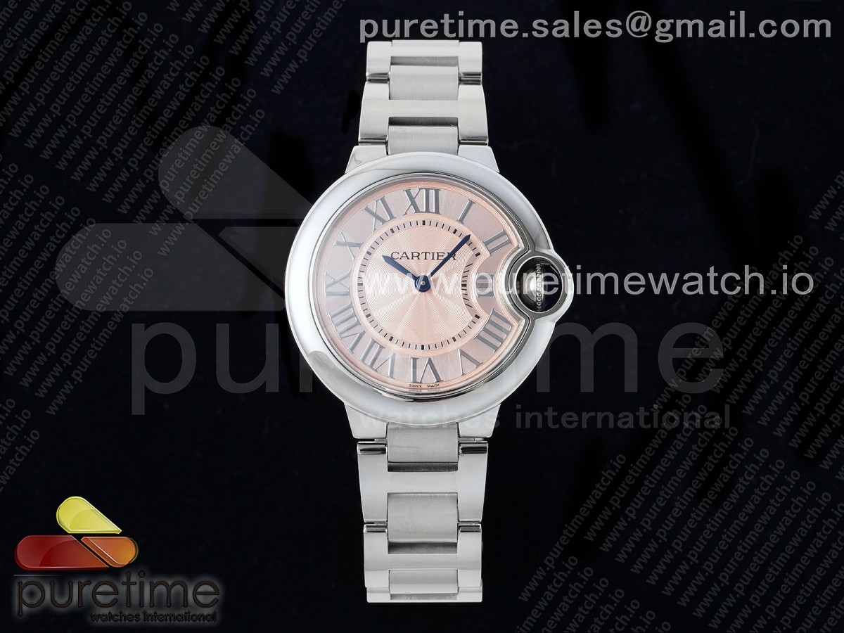 [CHF] Cartier Ballon Bleu 33mm SS Pink Textured Dial on SS Bracelet Jap Quartz