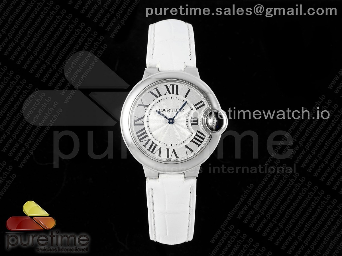 [AF] Cartier Ballon Bleu 33mm SS White Textured Dial on White Leather Strap Ronda Quartz