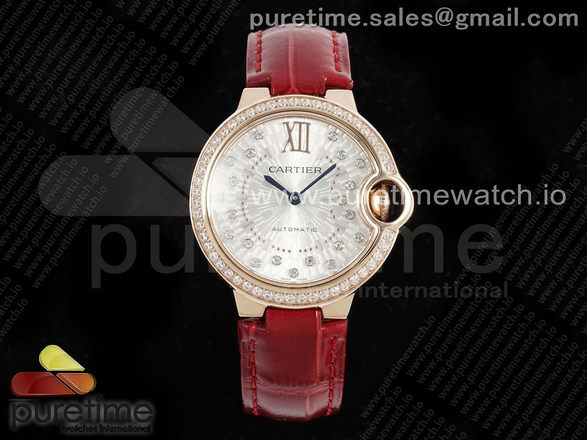 [AF] Cartier Ballon Bleu 33mm RG Silver Textured Dial Diamonds Bezel on Red Leather Strap Ronda Quartz