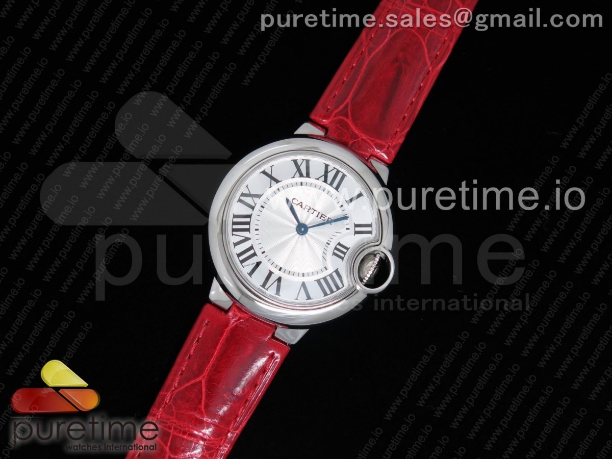 [AF] Cartier Ballon Bleu 33mm SS White Textured Dial on Red Crocodile Strap Jap Quartz