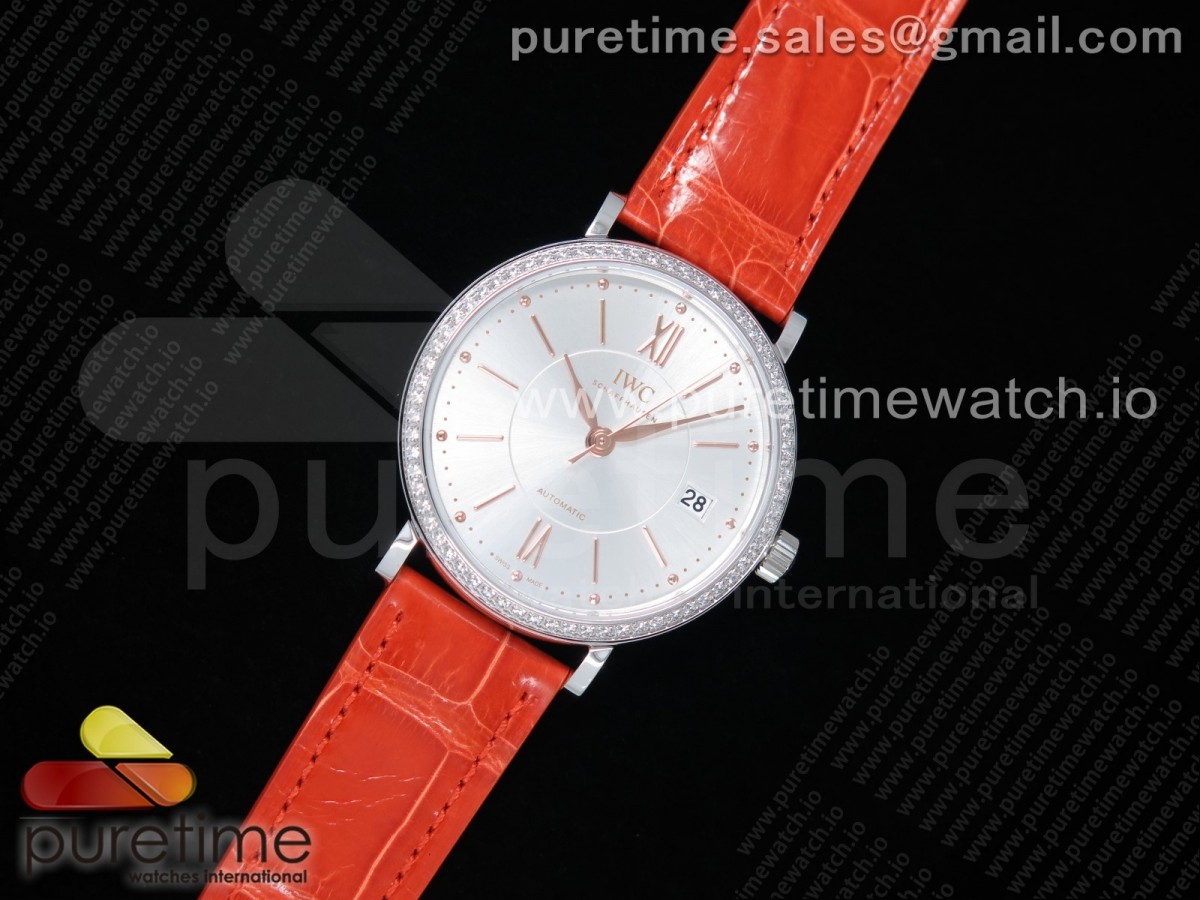 [M+F] IWC Portofino Automatic 37 SS Silver Dial RG Markers on Orange Crocodile Strap A35111