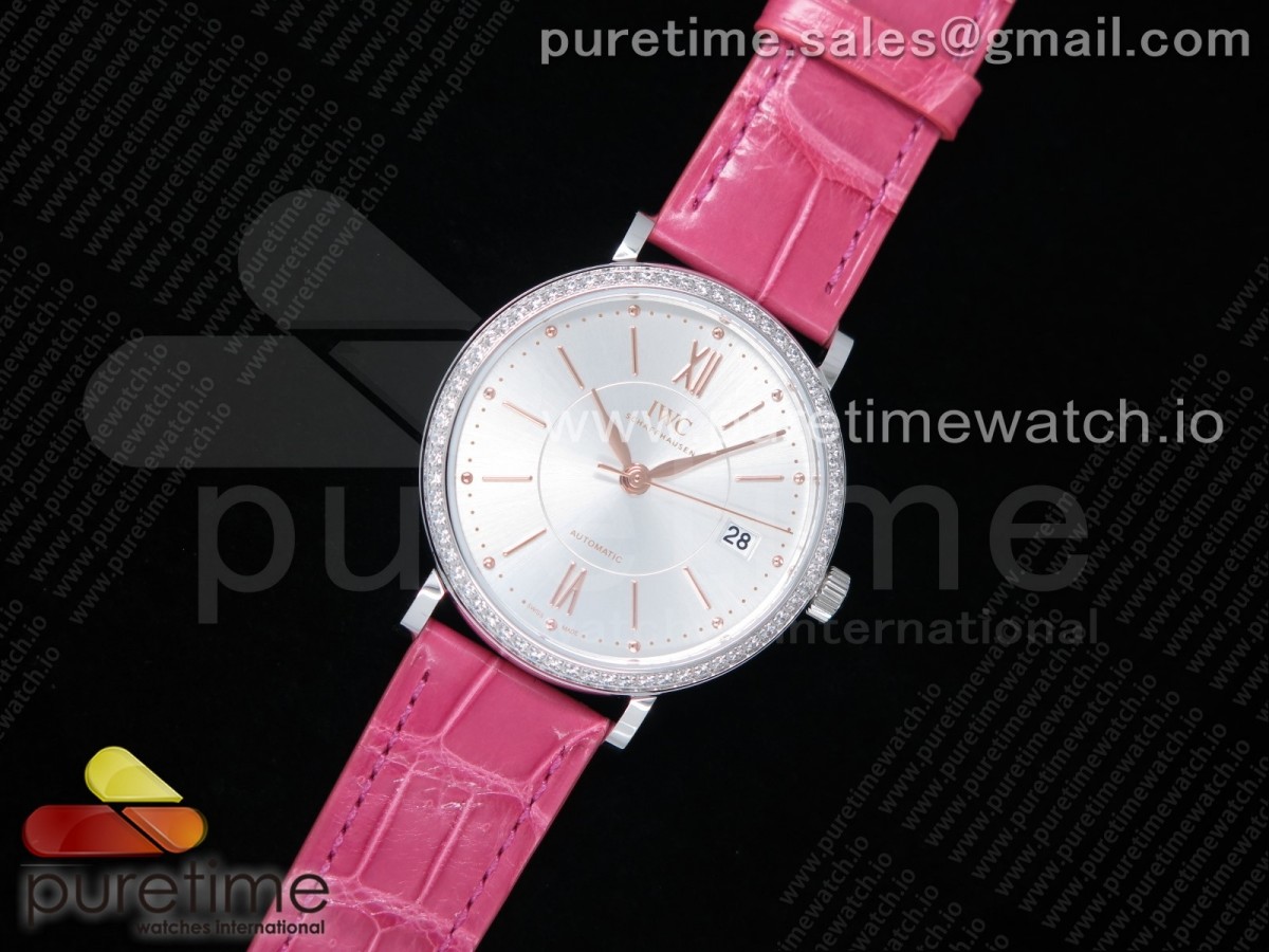 [M+F] IWC Portofino Automatic 37 SS Silver Dial RG Markers on Pink Crocodile Strap A35111