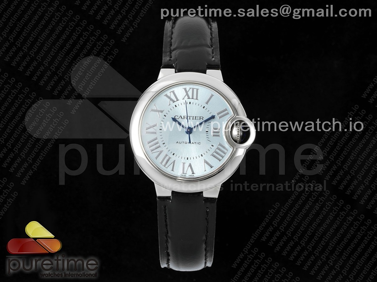 [3KF] Cartier Ballon Bleu 33mm SS Ice Blue Dial on Black Leather Strap A076