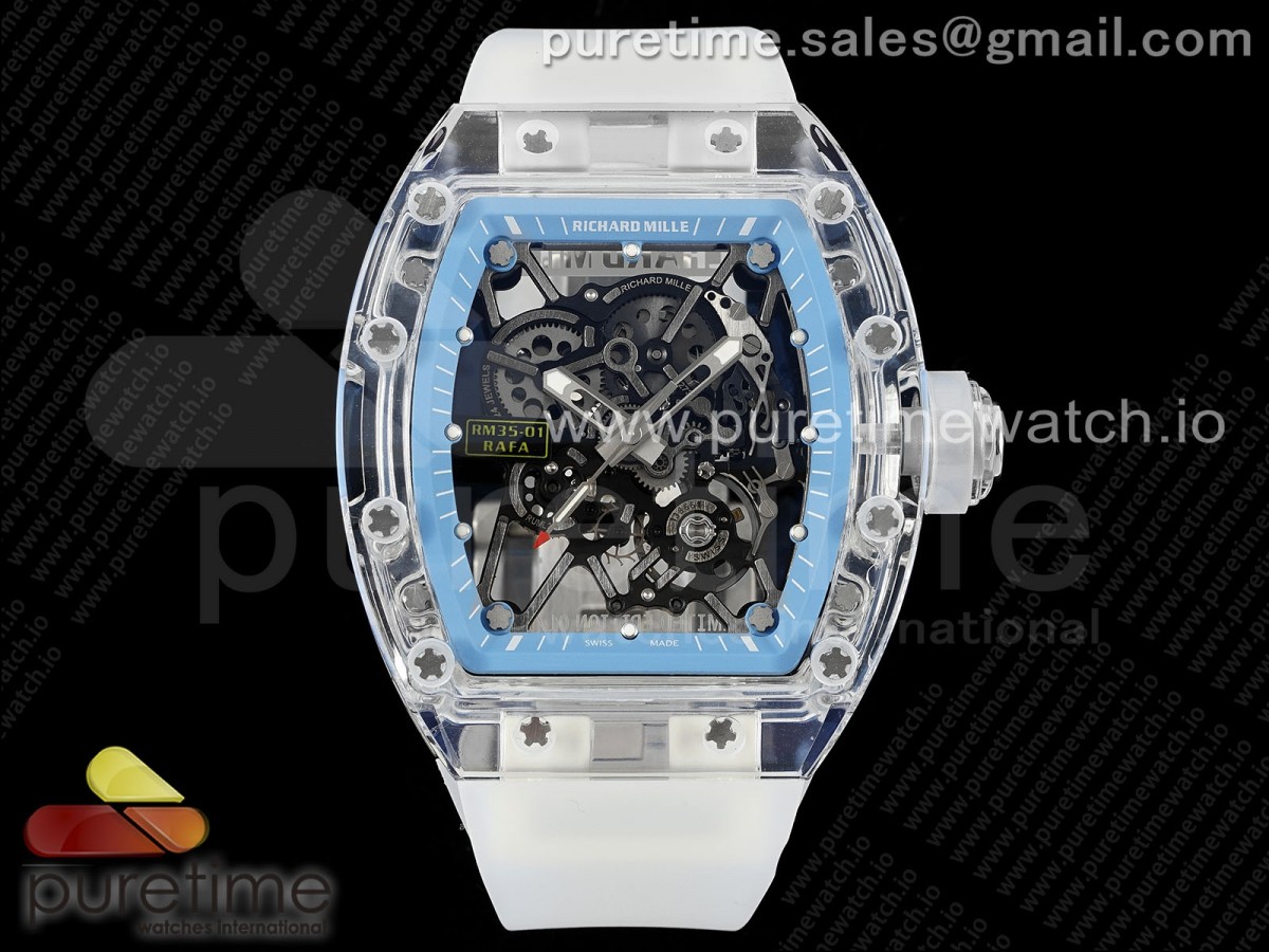 [RMF] Richard Mille RM035 Transparent Skeleton Blue Dial on Translucent Rubber Strap Clone RMUL2