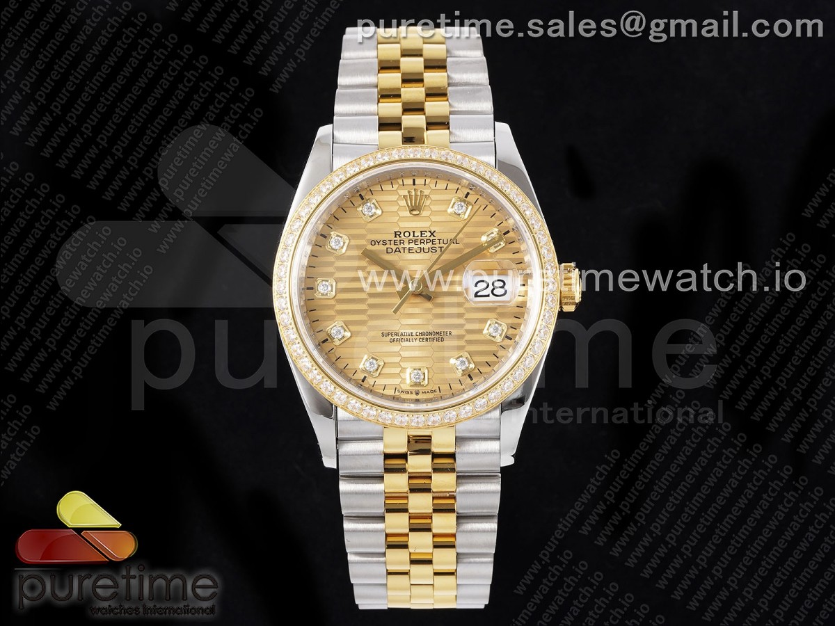 [VSF] Rolex DateJust 36 SS 126283rbr 904L Steel YG Textured Diamonds Dial on Jubilee Bracelet VS3235