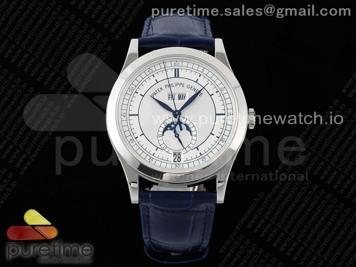 [ZF] Patek Philippe Annual Calendar Moonphase 5396 SS White/Blue Dial on Blue Leather Strap A324