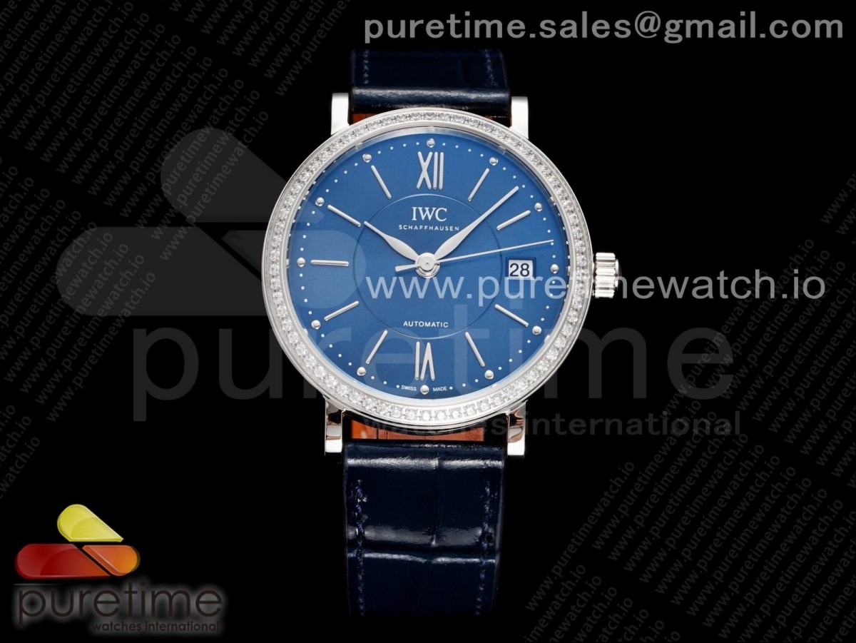 [V7F] IWC Portofino 37mm SS Blue Dial Diamonds Bezel on Blue Leather Strap A2892