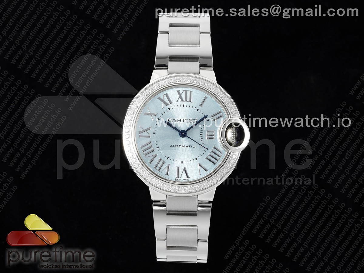 [3KF] Cartier Ballon Bleu 33mm SS Ice Blue Dial Diamonds Bezel on SS Bracelet A076