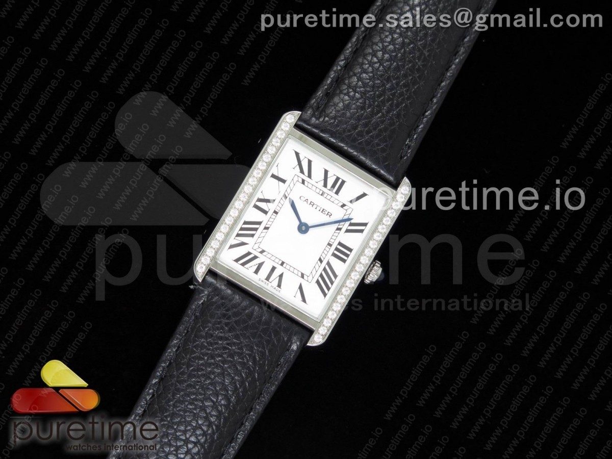 [AF] Cartier Tank Solo Ladies 28mm SS White Dial Diamonds Bezel on Black Leather Strap Ronda Quartz