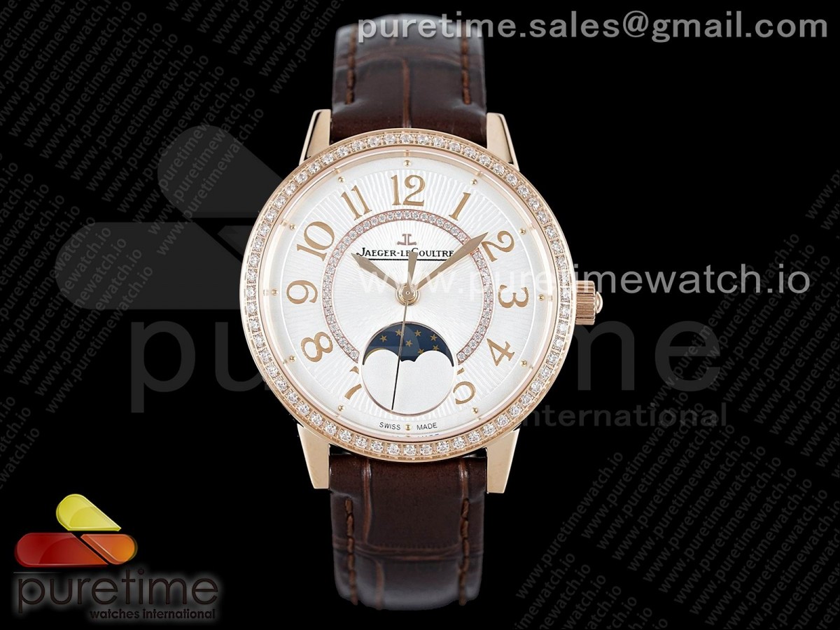 [ZF] Jaeger-LeCoultre Rendez-Vous Moon Medium RG White Textured Dial Diamonds Bezel on Brown Leather Strap A935