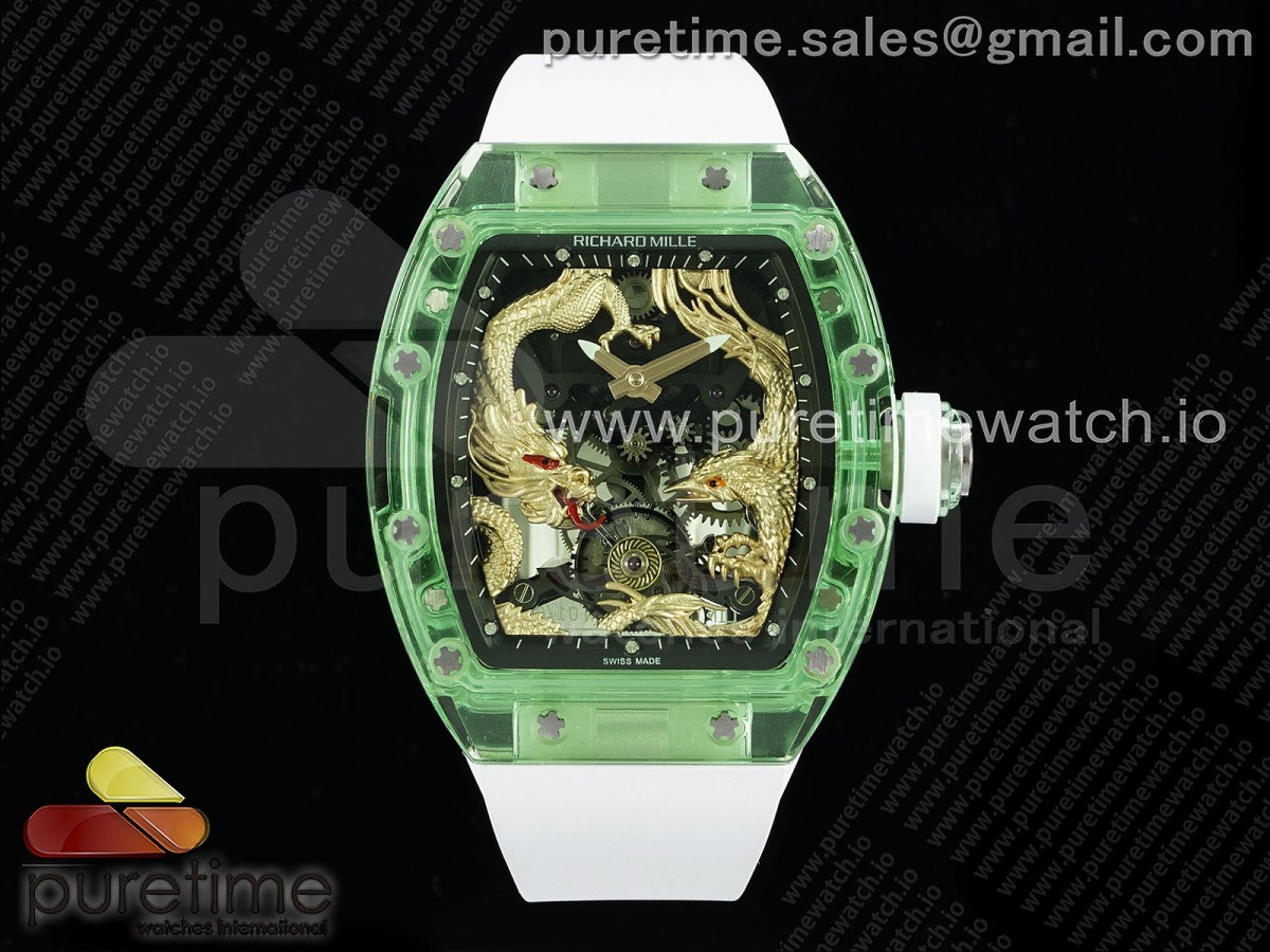 [RMF] Richard Mille RM57 Green Transparent Tourbillon Gold Dragon Eagle Dial on White Rubber Strap