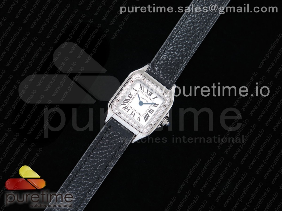 [K11F] Cartier Santos Ladies SS 22mm White Dial Diamonds Bezel on Black Leather Strap Ronda Quartz