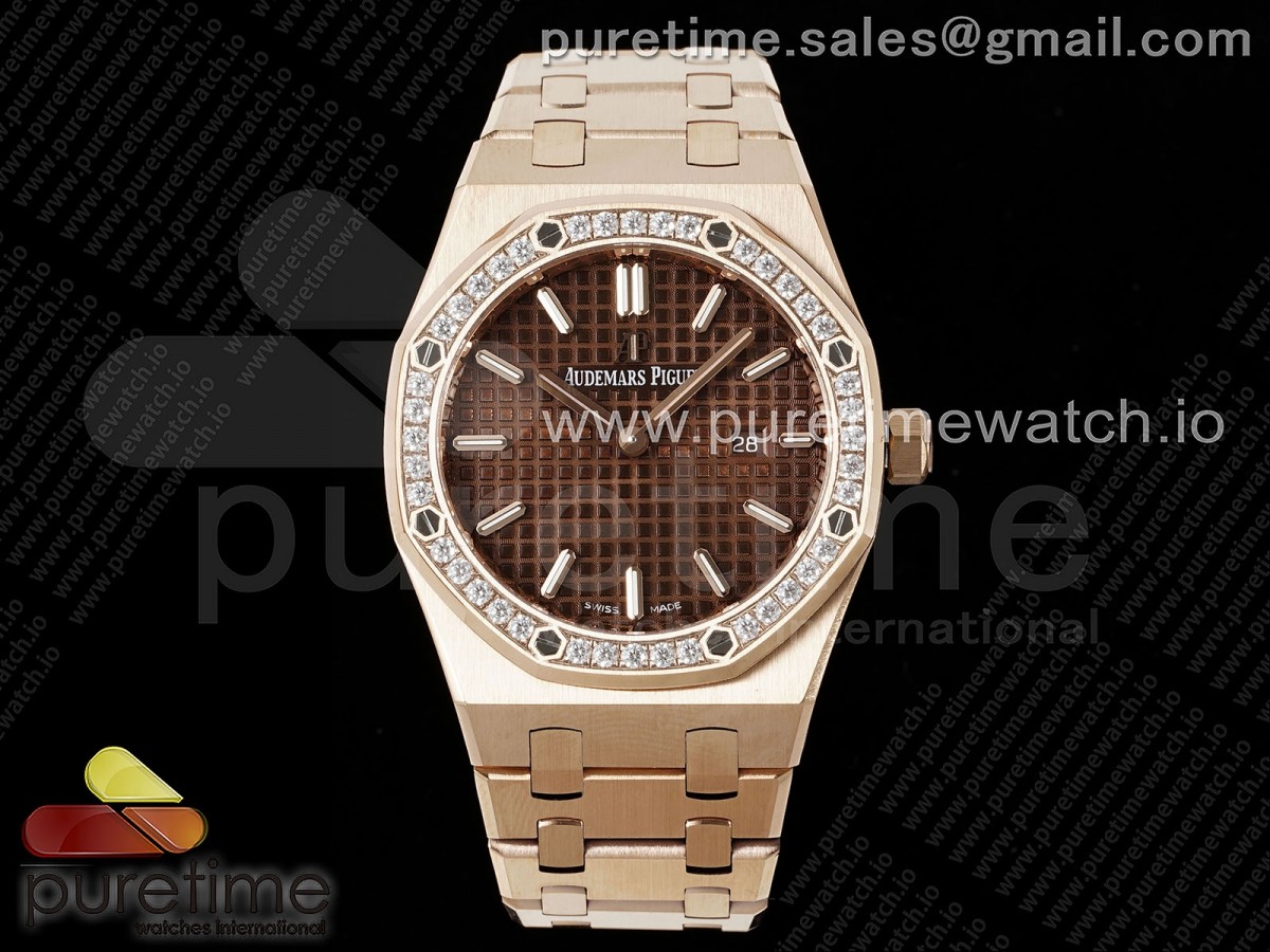 [ZF] Audemars Piguet Lady Royal Oak 33mm RG Brown Dial Diamonds Bezel on RG Bracelet ETA Quartz